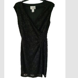 NorthStyle Woman Size 6 Black Ruched Lined Lace Midi Dress Wedding Party